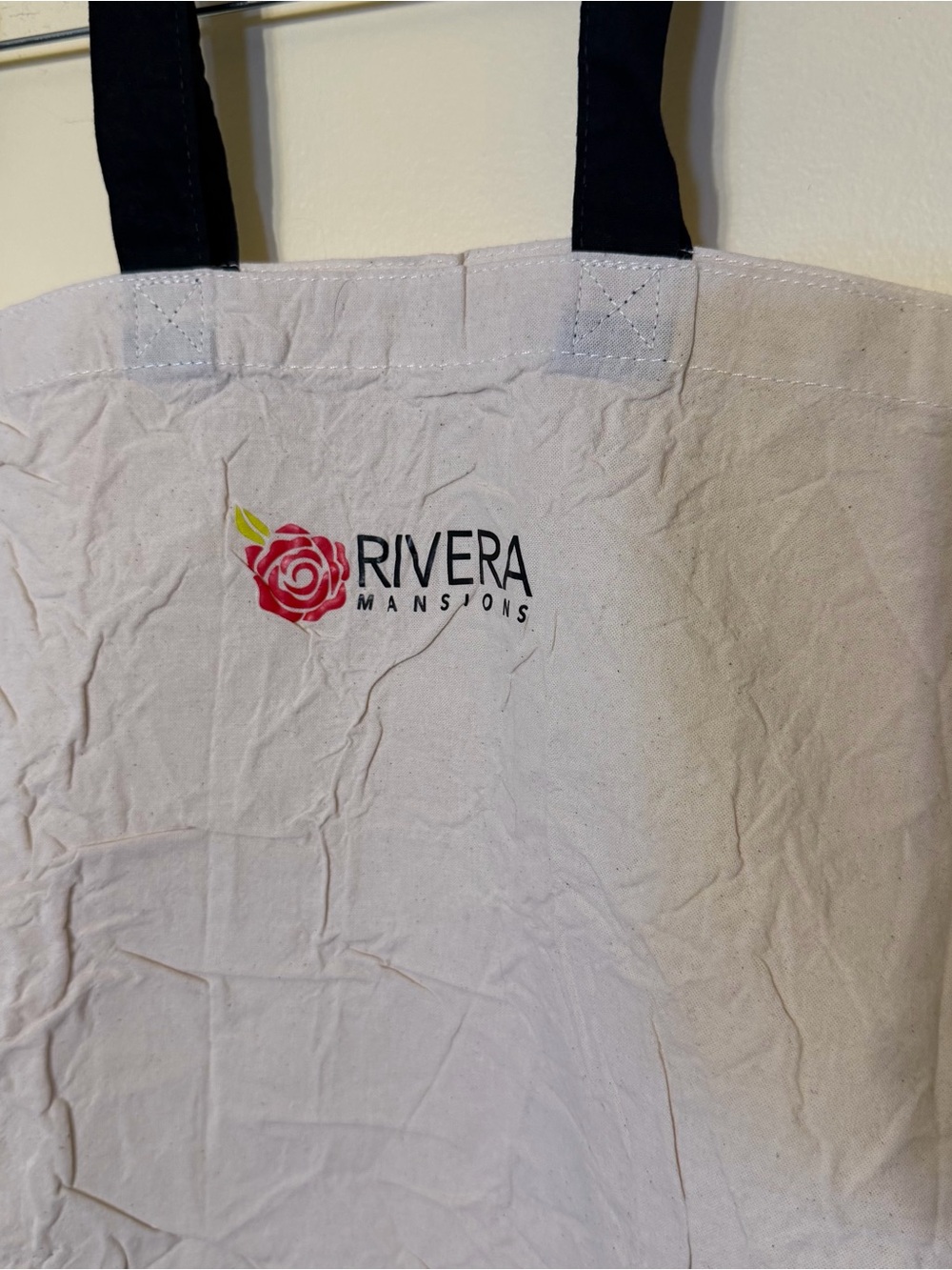 Riviera Natural Canvas Tote with Black Handles and Red Rose Logo